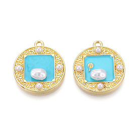 Стойки обшивки сплава эмали подвески, плоско-круглые, с абс пластмассовой имитационной жемчужиной, без кадмия и без свинца, золотой свет