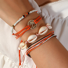 Boho Shell and Bead Bracelet Set for Summer Vacation with Coconut Tree and Handmade Braided Design