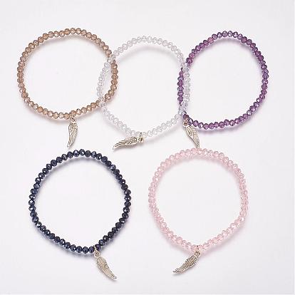 Glass Beads Stretch Bracelets, with Tibetan Style Pendants, Wing