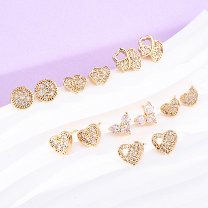Женские серьги-гвоздики из латуни с микропаве и прозрачным кубическим цирконием, без кадмия и без свинца, долговечный, стойки покрытие, золотые