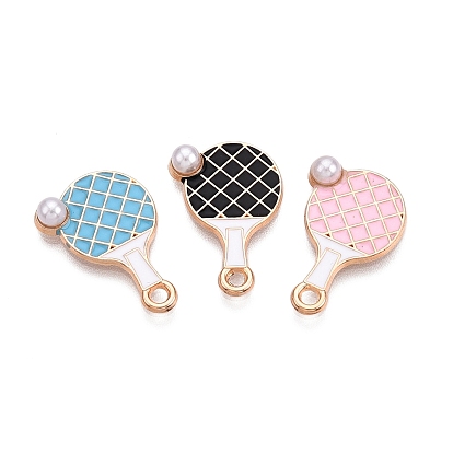 Подвески из эмали и сплава, с ABS имитации жемчуга, без свинца и без кадмия, золотые, ракетка очарование