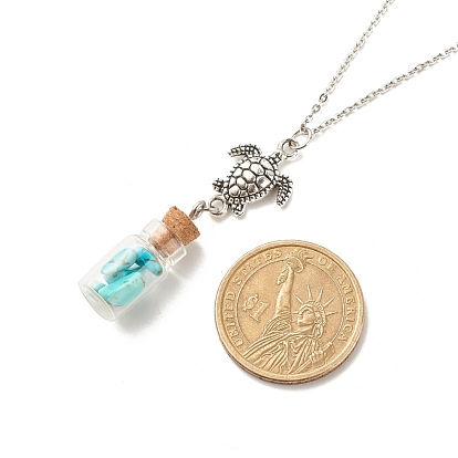 Glass Bottle with Synthetic Turquoise Chips Pendant Necklace, Wish Bottle Necklace with Alloy Turtle Charm for Women