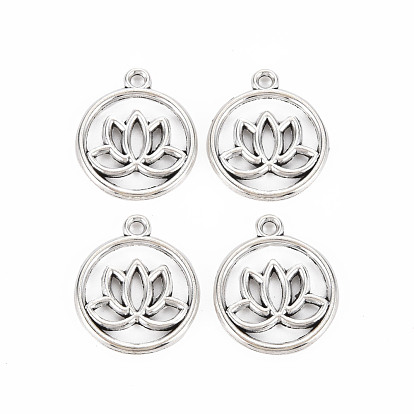 Tibetan Style Alloy Pendants, Cadmium Free & Lead Free, Flat Round with Flower