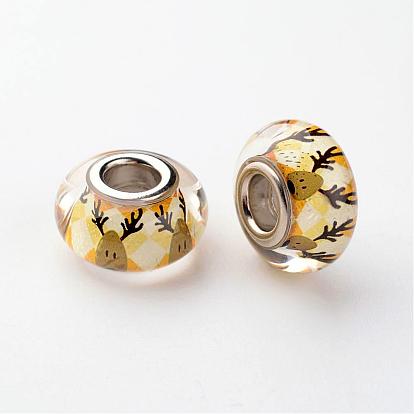 Resin European Beads, Christmas Theme, Large Hole Rondelle Beads, with Silver Tone Brass Double Cores