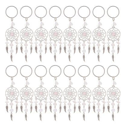 24шт. брелок из натурального розового кварца, с подвесками в тибетском стиле и 316 хирургическим кольцом для ключей из нержавеющей стали, тканая сеть / паутина с пером