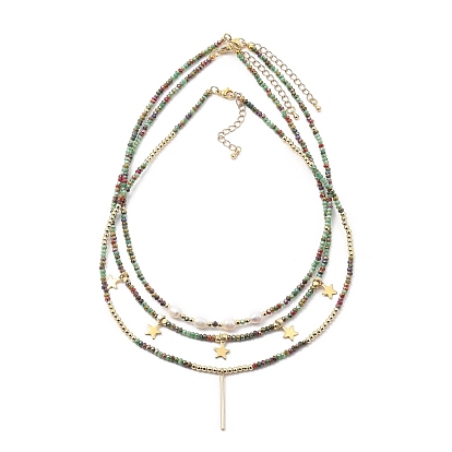 Ожерелья из бисера и наборы ожерелий, с латунными бусинами и подвесками, естественно жемчуг, Стеклянные бусины, 304 брелоки-звездочки из нержавеющей стали и застежки-клешни омара, красочный