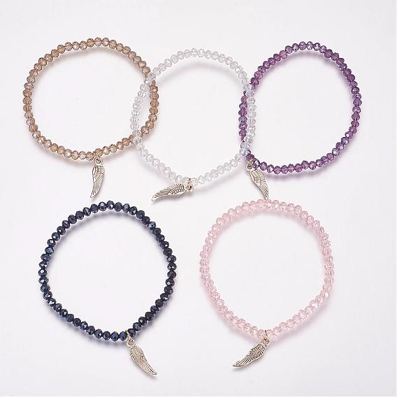 Glass Beads Stretch Bracelets, with Tibetan Style Pendants, Wing