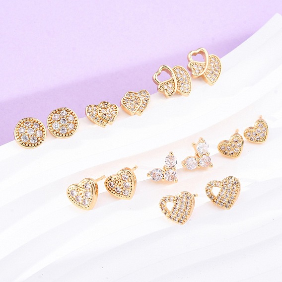 Женские серьги-гвоздики из латуни с микропаве и прозрачным кубическим цирконием, без кадмия и без свинца, долговечный, стойки покрытие, золотые