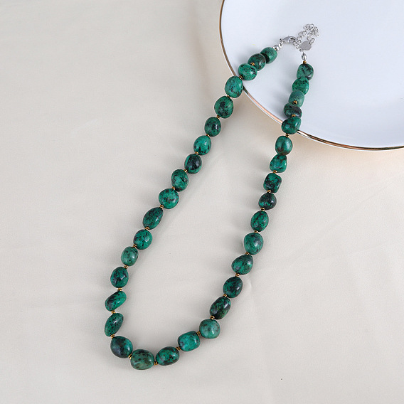 Натуральные бирюзовые самородки бисерные ожерелья, с концевыми цепями из сплава