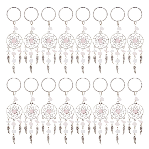 24шт. брелок из натурального розового кварца, с подвесками в тибетском стиле и 316 хирургическим кольцом для ключей из нержавеющей стали, тканая сеть / паутина с пером