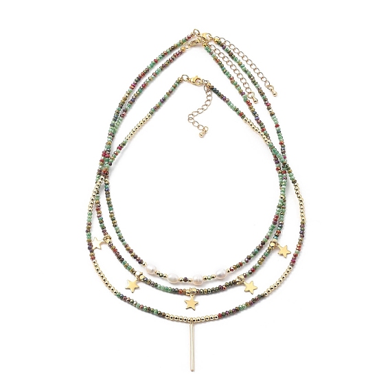 Ожерелья из бисера и наборы ожерелий, с латунными бусинами и подвесками, естественно жемчуг, Стеклянные бусины, 304 брелоки-звездочки из нержавеющей стали и застежки-клешни омара, красочный