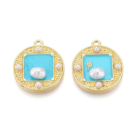 Стойки обшивки сплава эмали подвески, плоско-круглые, с абс пластмассовой имитационной жемчужиной, без кадмия и без свинца, золотой свет