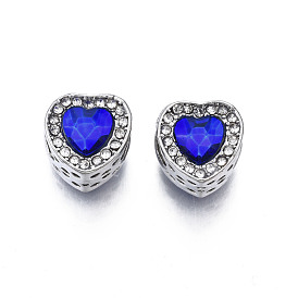 Rack Plating Alloy European Beads, with Resin and Crystal Rhinestone, Large Hole Beads, Cadmium Free & Lead Free, Heart, Platinum