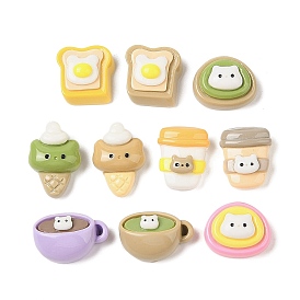 Cartoon Cat Theme Opaque Resin Decoden Cabochons, Coffee & Ice Cream & Bread, Mixed Shapes