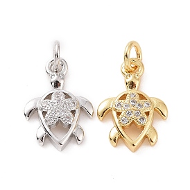 Brass Micro Pave Cubic Zirconia Charms, with Jump Ring, Sea Turtle with Flower Charm