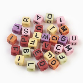 Initial Acrylic Horizontal Hole Beads, Mixed Letters, Cube, 6x6x6mm, Hole: 3mm