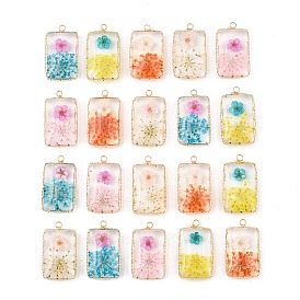 Pendants de résine de laiton, charme rectangle, avec des fleurs séchées