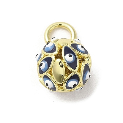 Brass Enamel Charms, with Jump Ring, Real 18K Gold Plated, Round with Evil Eye Charm