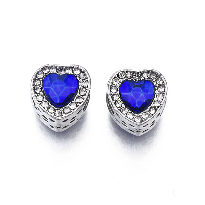 Rack Plating Alloy European Beads, with Resin and Crystal Rhinestone, Large Hole Beads, Cadmium Free & Lead Free, Heart, Platinum