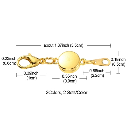 4 Sets 2 Colors Alloy Magnetic Clasps, with Lobster Claw Clasps and Chain Tabs, Flat Round