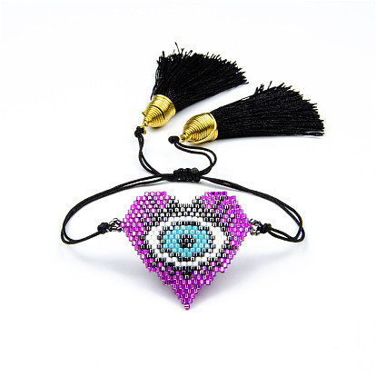 Glass Seed Braided Bead Bracelet with Double Tassel, Heart with Evil Eye Protection Lucky Bracelet for Women
