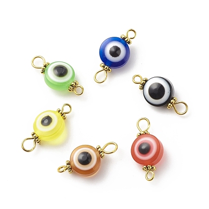 Flat Round Evil Eye Resin Connector Charms, with Alloy Daisy Spacer Beads and Double Iron Loops, Mixed Color