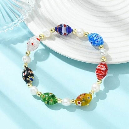 Handmade Millefiori Glass & Natural Cultured Freshwater Pearl Beads Stretch Bracelets for Women, Oval