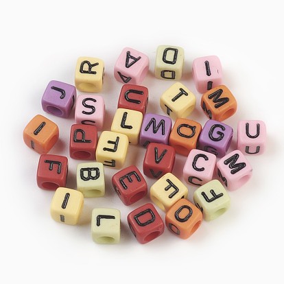 Initial Acrylic Horizontal Hole Beads, Mixed Letters, Cube, 6x6x6mm, Hole: 3mm