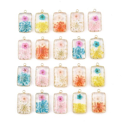 Pendants de résine de laiton, charme rectangle, avec des fleurs séchées