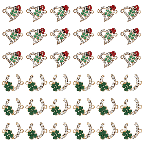 36 шт. 2 стили сплава кристаллы стразы разъем подвески, с эмалью, золотой свет, форма c с клевером и сердце с божьей коровкой