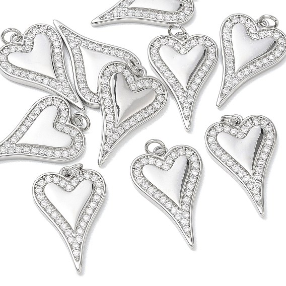 SHEGRACE Valentine's Day Brass Clear Cubic Zirconia Pendants, Heart Charms, Cadmium Free & Lead Free & Nickel Free