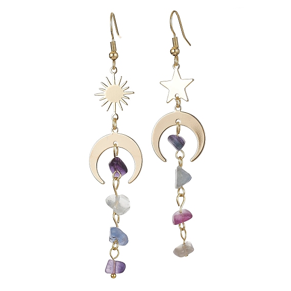 Moon & Star & Sun Brass Asymmetrical Earrings, Natural Fluorite Chips Beads Tassel Earrings