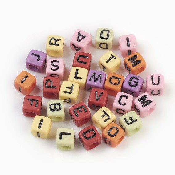 Initial Acrylic Horizontal Hole Beads, Mixed Letters, Cube, 6x6x6mm, Hole: 3mm