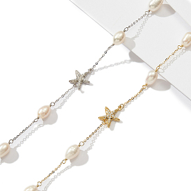 925 Sterling Silver Link Chain Necklaces, Micro Pave 5A Cubic Zirconia Starfish, Natural Freshwater Pearl Necklaces