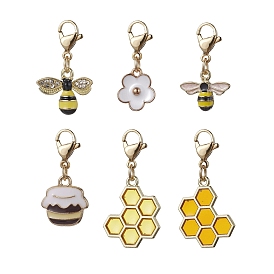 Bee & Honeycomb & Flower & Honey Jar Alloy Enamel Pendant Decorations, with Lobster Claw Clasps