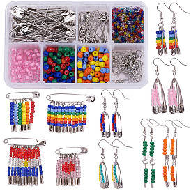 Kits de bijoux de bricolage sunnyclue, avec des épingles de sûreté en fer, Perles de rocaille en verre, Crochets d'oreille en laiton, fer Anneaux ouverte