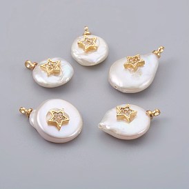 Natural Cultured Freshwater Pearl Pendants, with Cubic Zirconia and Brass Findings, Long-Lasting Plated, Star