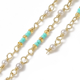 Handmade Plastic Imitation Pearl & Round Beaded Chains, with Rack Plating Golden Brass Findings, Unwelded, with Card Paper