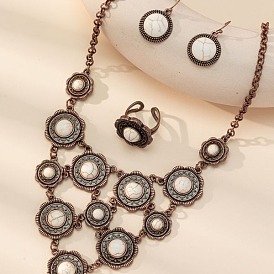 Комплекты из круглых колье и серег-подвесок из синтетической бирюзы в стиле «богемия» и колец-манжет, сплав ювелирных изделий