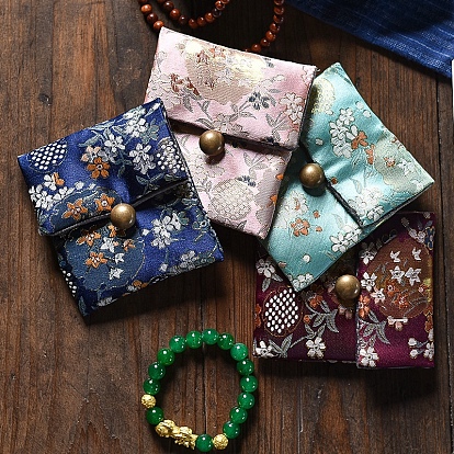 Chinese Style Cloth Bags with Buttons, Rectangle with Flower Jewelry Pouches