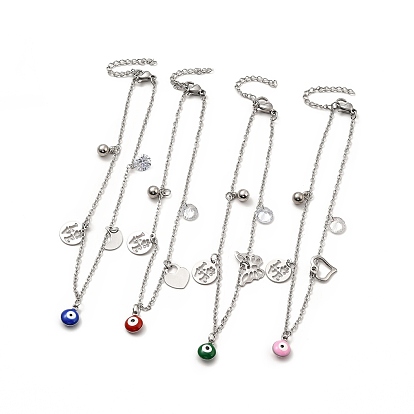 Enamel Evil Eye & Cubic Zirconia & 304 Stainless Steel Charm Anklet with Cable Chains, Stainless Steel Color