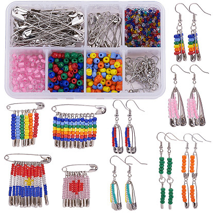 DIY Jewelry Kits, with Iron Safety Pins, Glass Seed Beads, Brass Earring Hooks, Iron Open Jump Rings