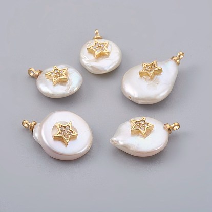 Natural Cultured Freshwater Pearl Pendants, with Cubic Zirconia and Brass Findings, Long-Lasting Plated, Star