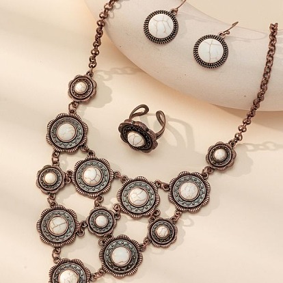 Комплекты из круглых колье и серег-подвесок из синтетической бирюзы в стиле «богемия» и колец-манжет, сплав ювелирных изделий