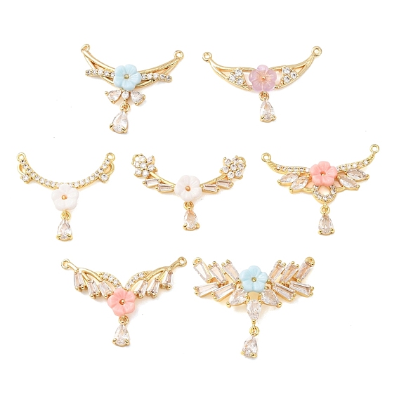 Brass Pave Clear Cubic Zirconia Pendants, Flower & Teardrop Charms, with Resin