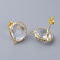 Brass Stud Earring Findings, with Loop, Crystal Rhinestone and Ear Nuts, Flat Roud