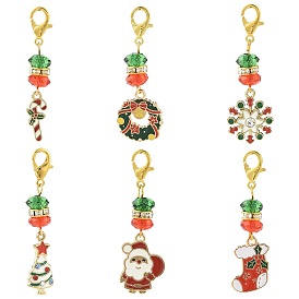 6piezas 6 estilos aleación esmalte tema navideño colgante decoraciones, con cierres de pinza de langosta y cuentas acrílicas transparentes, dorado