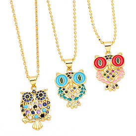 Colorful Owl Pendant Necklace with Multi-colored Rhinestones and Oil Drop Design