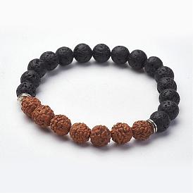 Natural Lava Rock Stretch Bracelets, with Bodhi and Alloy Beads, Round