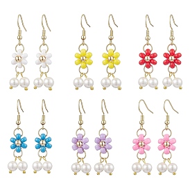 6 Pairs 6 Colors Natural Shell Pearl Beads & Glass Seed Dangle Earrings, 304 Stainless Steel Jewelry for Women, Flower, Golden